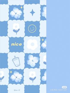 a blue and white checkerboard pattern with flowers, drinks and smiley faces on it