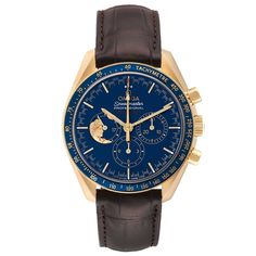 Omega Speedmaster Moonwatch Apollo 17 LE Mens Watch 311.63.42.30.03.001 Box Card. Manual-winding chronograph movement. 18k yellow gold round case 42.0 mm in diameter. Caseback features a large version of the Apollo 17 mission patch and is engraved with the following text 'A TRIBUTE TO GENE CERNAN.' "45th Anniversary Limited Edition" and edition number written on caseback. Blue ceramic bezel with tachymeter function written in Ceragold. Scratch resistant sapphire crystal. Blue dial with yellow gold index hour markers. Luminescent hands and hour markers. Three yellow gold outlined chronograph subdials -- 12 hours, 30 minutes, and small seconds. "05:34 GMT" in red text on the dial. Small seconds sub-dial features a medallion of the God Apollo and the moon, etched in gold. Brown leather strap Omega Railmaster, Omega Seamaster Professional, Gentleman Watch, 45th Anniversary, Rolex Watches For Men, Limited Edition Watches