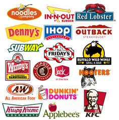 many different types of logos and stickers on a white background with the words, in - n - out lobster, red lobster, henny's, ihop, subway, hot dog, dunkin donuts,