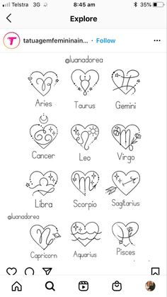 an iphone screen showing the different symbols for each zodiac sign, including two heart shapes and one