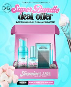 a pink box with some white flowers and an item in it that says, super bundle deal