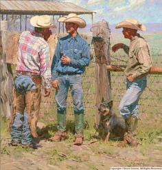 three men in cowboy hats standing next to a fence with a dog on the ground