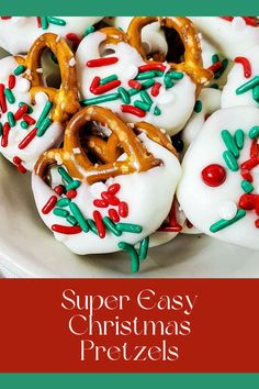 christmas pretzels with sprinkles are on a white plate and green border