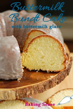 a bundt cake with buttermilk glaze is cut into slices