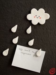 there is a white cloud with raindrops on it and a note attached to the wall