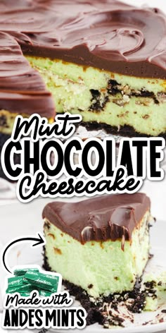 two pieces of mint chocolate cheesecake on a plate