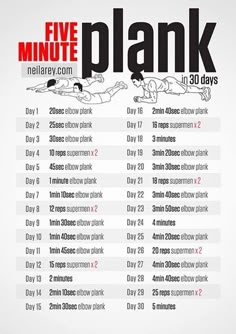 the five minute plank workout plan is shown in red and black on a white background