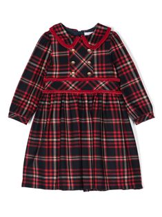 navy blue/red flannel tartan check pattern rear zip fastening velvet ruffled trim Peter Pan collar long sleeves with buttoned cuffs faux double-breasted front cotton lining flared skirt straight hem above-knee length Skirt Straight, Red Flannel, Check Dress, Girls Party, Flared Skirt, Pan Collar, Peter Pan Collar, Check Pattern, Dress Blue