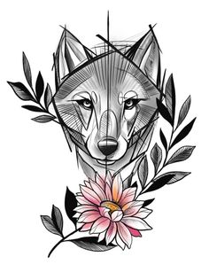 a wolf with flowers and leaves around it