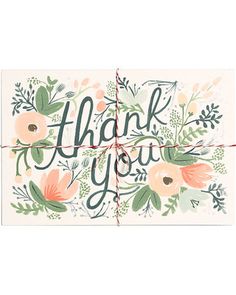 a thank card with flowers and leaves on it