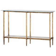 a gold and glass console table with two shelves