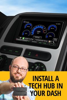 a man holding up a camera in front of a dashboard with the words install a tech hub in your dash