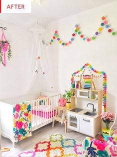 a child's room with a crib, desk and toys