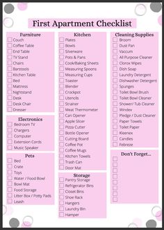 a pink checklist with the words'first apartment checklist'in black and white