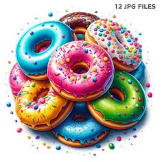 a pile of donuts with sprinkles and colored frosting on them