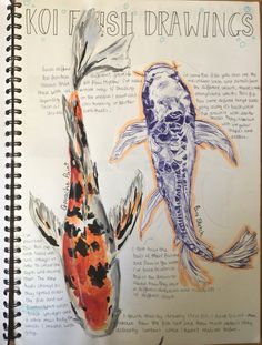 a drawing of two koi fish on top of a page with words written below