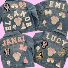 three denim jackets with minnie mouse patches and name written on the back, along with other disney characters