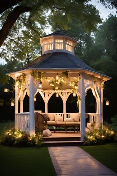 Backyard gazebo illuminated with soft lighting, creating a warm and inviting atmosphere for outdoor gatherings. Gazebo Lighting Ideas, Gazebo Lighting, Backyard Gazebo, Lighting Options, Cozy Atmosphere, Lighting Ideas