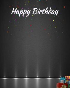 a birthday card with confetti and presents in front of a black background that says happy birthday