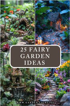 a collage of fairy garden ideas with text overlay Outdoor Fairy Garden Ideas Landscaping, Homemade Fairy Garden Ideas, Outdoor Fairy Garden Diy, Fairy Houses Diy, Whimsical Garden Ideas, Fairy Diy Crafts, Fairy Garden Box, Diy Fairy Garden Ideas, Christmas Fairy Garden