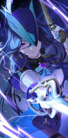 Withering Waves, Hair Earrings, Dark Blue Hair, Blue Cape, Iphone Wallpaper Landscape, League Of Legends Characters, Feather Hat, Blue Archive, Cute Cartoon Drawings