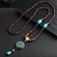 Goes Well With Your Dress Boho Beaded Necklace For Women Long And Real Tibetan Stone Knotted Beads Handmade Different Style And Different Materials, But All Of Them Made Of Exclusive Colorful Materials: Natural Wood Beads, Ethnic Gem Stones, Turquoise, African, Nepal, Tibet Stone, Multicolored Acrylic Bead, And Leather In Some, New Dress Accessories For Women, Exalting The Ethnic And Bohemian Elements, Highlighting The Sense Of The Casual. Beads Necklace Multicolored Worthy Gift A Genuine Wood L Collar Hippie, Buddhist Mala, Spiritual Necklace, Beads Pendant, Wood Bead Necklace, Ocean Jewelry, Wooden Necklace, Beaded Pendant Necklace, Wood Necklace