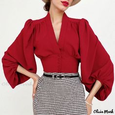 Olivia Mark - Elegant Blouse with Long Sleeves and Mandarin Collar Woman Blouse Casual, Long Sleeve Corset Top, Long Sleeve Fitted Dress, White Shirts Women, Wardrobe Clothes, Red Blouse, Puff Long Sleeves, Clubwear Dresses, Elegant Blouses