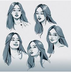 four different angles of a woman's face with long hair and various facial expressions