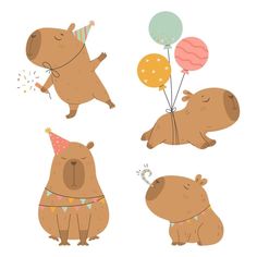 three brown bears wearing birthday hats and holding balloons