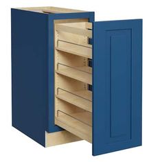 a blue cabinet with shelves and drawers in it