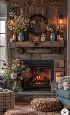 a living room filled with furniture and a fire place