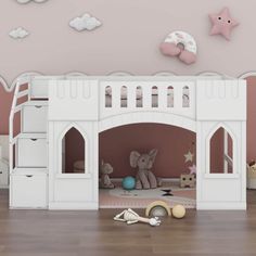 a child's bedroom with pink walls and white furniture, including a large wooden bunk bed