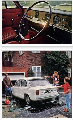 two pictures of people washing the inside of an old car