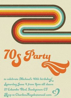 an orange and blue birthday party card with the words 70's party on it