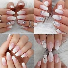 96 Pieces 4 Packs Coffin Press On Nails Set - Long, French Tip, Gradient Ombre, Glitter, Diamond Accent, White and Pink Combination with Easy Application and Salon-Quality Finish Ballet Nails, Short Press On Nails, Nails Today, Coffin Press On Nails, Nail Art Set, Nail Patterns, Nail Length