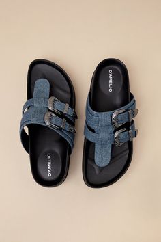 Pair your fave capris with the D'Amelio Footwear Nyra Blue Jean Denim Thong Buckle Flatform Sandals and everyone will be asking where you shop! These iconic sandals have an almond-shaped footbed and a woven, denim-like fabrication that forms a thong-style upper with a strappy design and adjustable, gunmetal grey Western-embossed buckles at the outstep. 1"" lug sole rises to a chunky 2.5"" heel with a smooth contoured insole. 2. 5" rubber heel. Smooth contoured insole. Rubber sole has nonskid mar Wineries Outfit, Flatform Sandals, Almond Shaped, Size 11 Heels, Sandal Heels, Gunmetal Grey, Dress Shoes Womens, Spring Shoes, Rubber Heels