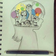 a pencil drawing of a person's head with people in it