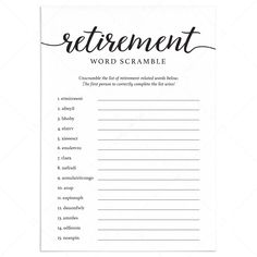 Retirement Scrambled Words Game Printable by LittleSizzle Retirement Party Games, Black And White Game, Retirement Party Themes, Scramble Words, Word Scramble, Calligraphy Script, Game Printable, Retirement Party, Retirement Parties