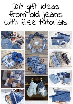 DIY gift ideas with free instructions. Eco gift ideas to make. Sewing patterns for small accessories. Sewing projects from old jeans. Sewing Projects From Old Jeans, How To Sew Boho Clothes, Crafts Using Old Jeans, Jean Bracelets Recycled Denim, Blue Jean Projects Denim Crafts, Upcycled Jeans Diy, Apron Made From Jeans, Quilts Made From Jeans, Diy Jean Projects Ideas