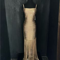 Beautiful Gold Dress From Herveleger, Brand New With Tag On, Perfect Fit And Perfect For Any Occasion. Gold Sheer Dress, White Fringe Dress, Bandage Dress Herve Leger, Paris Dress, Herve Leger Dress, Gold Gown, Off White Dresses, Bandage Midi Dress, Paris Dresses