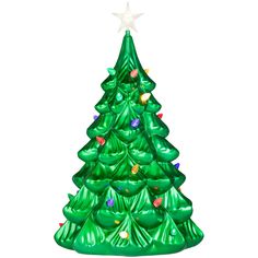 a green christmas tree with lights on it