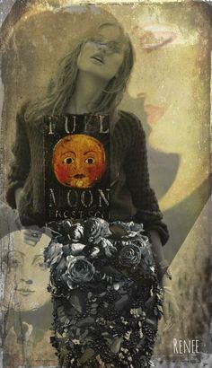 an altered photograph of a woman with a pumpkin on her face and the words true moon above her head