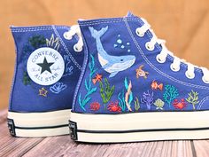 " Custom Embroidered Converse, Whale and Turtle Embroidered Shoes, Ocean Vibes Embroidered Sneakers Custom, Gifts for Divers "   CONVERSE ∙ EMBROIDERED ∙ OCEAN VIBES * Material: High-quality premium cotton embroidery thread, colorfast * Dimensions: Tailored to your selected US shoe size * Finish: High-end embroidery ∙ Sharp threading ∙ Colorfast * All shoes are custom-made by hand with Love and Care in our workshop ♡ 🎁 UNIQUE POINTS 🎁 Includes 1 pair of socks Free custom name or personal information Bright, colorfast embroidery thread, meticulously stitched OUR RETURNS AND REFUND POLICY We take full responsibility for any errors in design or execution on our part. If you wish to return your order for personal reasons, please note that you will need to cover the shipping cost. ADDITIONAL Embroidered Vans With Cactus, Nike Embroidered Shoes, Cute Shoes Coners, Cheap Custom Converse, Book Custom Converse, Cool Converse High Tops With Fun Treatments, Custom Converse Shoes Low, Spiderman Shoes Converse Embroidered, Converse Like Sneakers