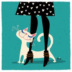 a drawing of a woman's legs with a cat on her leg and hearts in the background