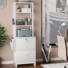 a white bookcase sitting next to a desk with a computer on top of it