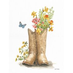 a painting of a boot with flowers in it and a butterfly flying over the boots