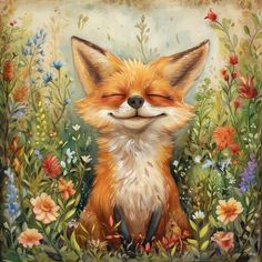 a painting of a fox with its eyes closed and flowers in the foreground behind it