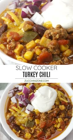 two bowls of slow cooker turkey chili with sour cream on top and the same soup in