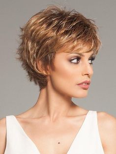 Push Up by Ellen Wille is a short wig, its fun, flirty and hand finished to give you effortless style with a comfortable fit. The open wefted cap is designed to allow air to flow through, keeping your wig light and cool all day. This synthetic wig is expertly cut to bring out the most of the style and color selection. To further personalize, add the Shaping Creme by BeautiMark. The open wefts provide comfort during any season and are constructed to provide full coverage. The ear tabs and necklin Haircut Styles For Women, Short Haircut Styles, Girls Short Haircuts, Edgy Haircuts, Short Brown Hair, Short Bangs, Effortless Hairstyles, Short Hair Balayage, Best Short Haircuts