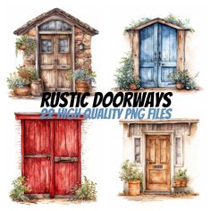 four watercolor illustrations of rustic doors and windows with plants in pots on each door